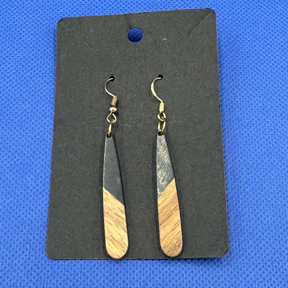 Handcrafted Black & Wood Resin Dangle Earrings Gold Tone Fishhook Boho Teardrop